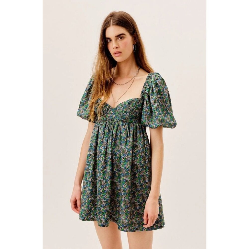 For Love &‎ Lemons Alisa Green Floral Mini Dress Low Back Tie Detail Sz XS